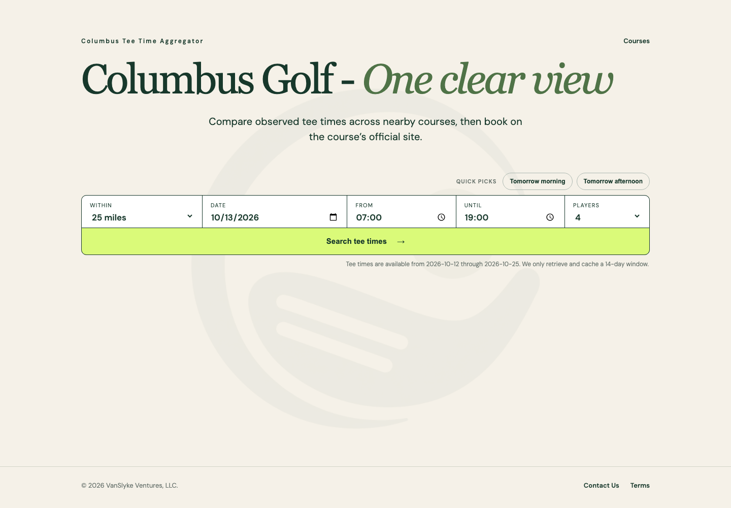Live Columbus Tee Time Aggregator homepage showing its course search filters